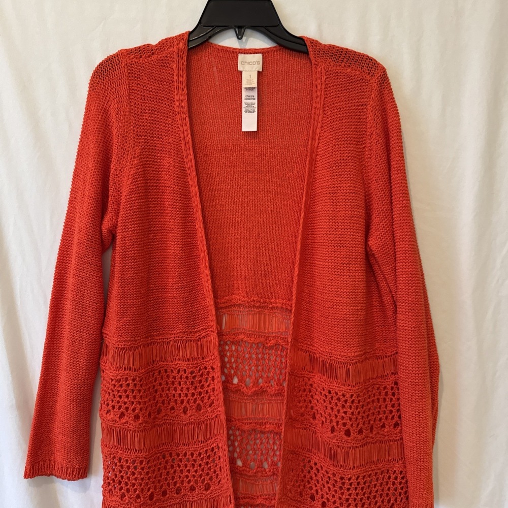 Orange Fringe Open Boho Artsy Crochet Cardigan Size 1 BOHO